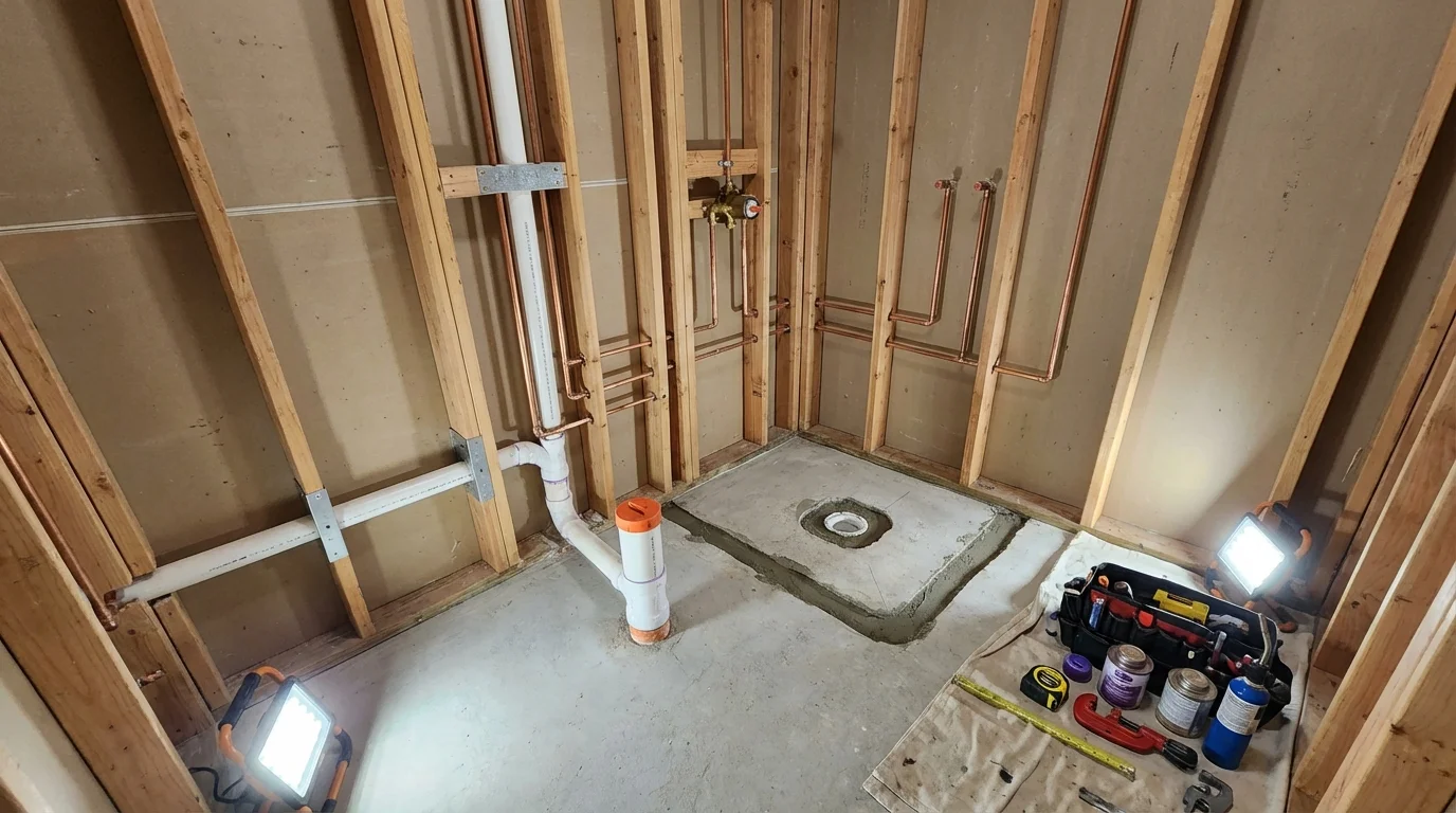 Bathroom rough-in plumbing during remodel by Johns Plumbing LLC in King Cove