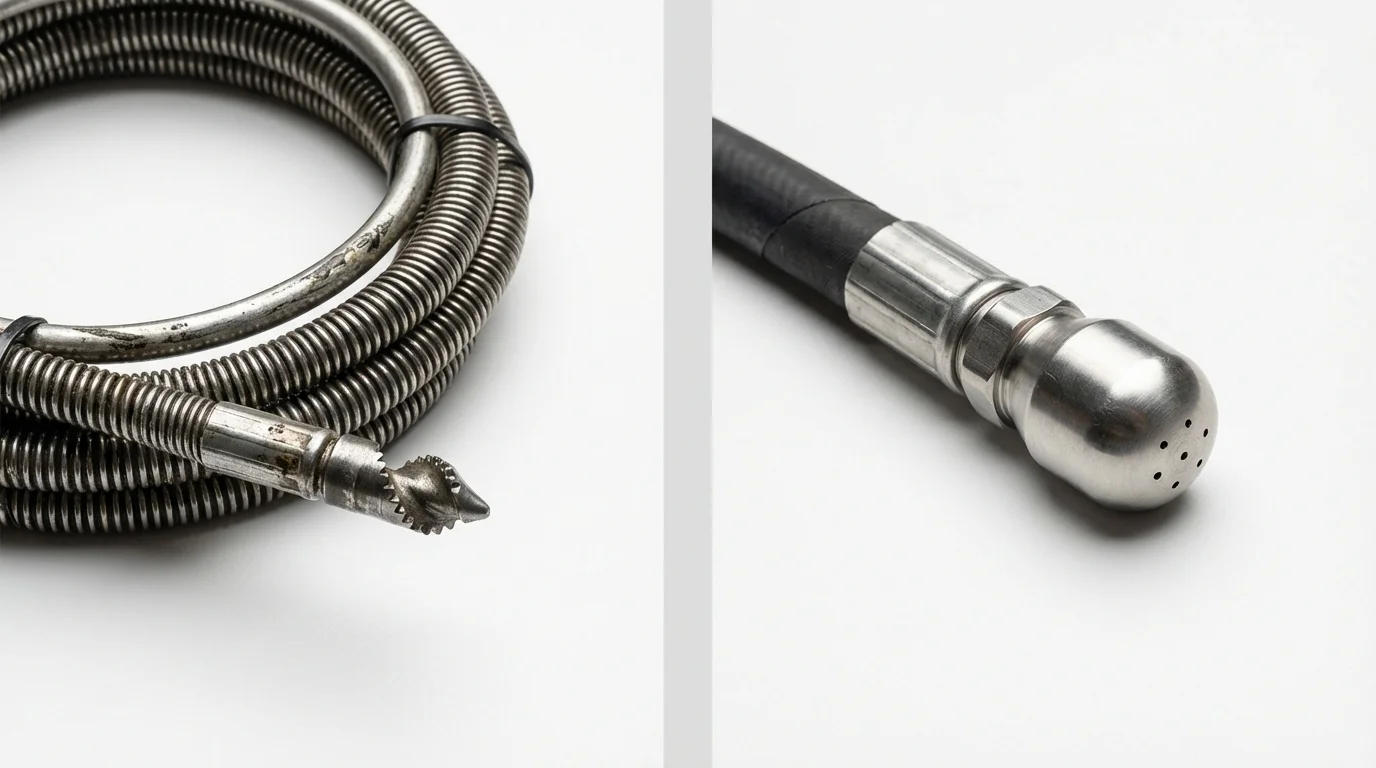 Drain snake cable and hydro jetting nozzle used for drain cleaning in King Cove, AK