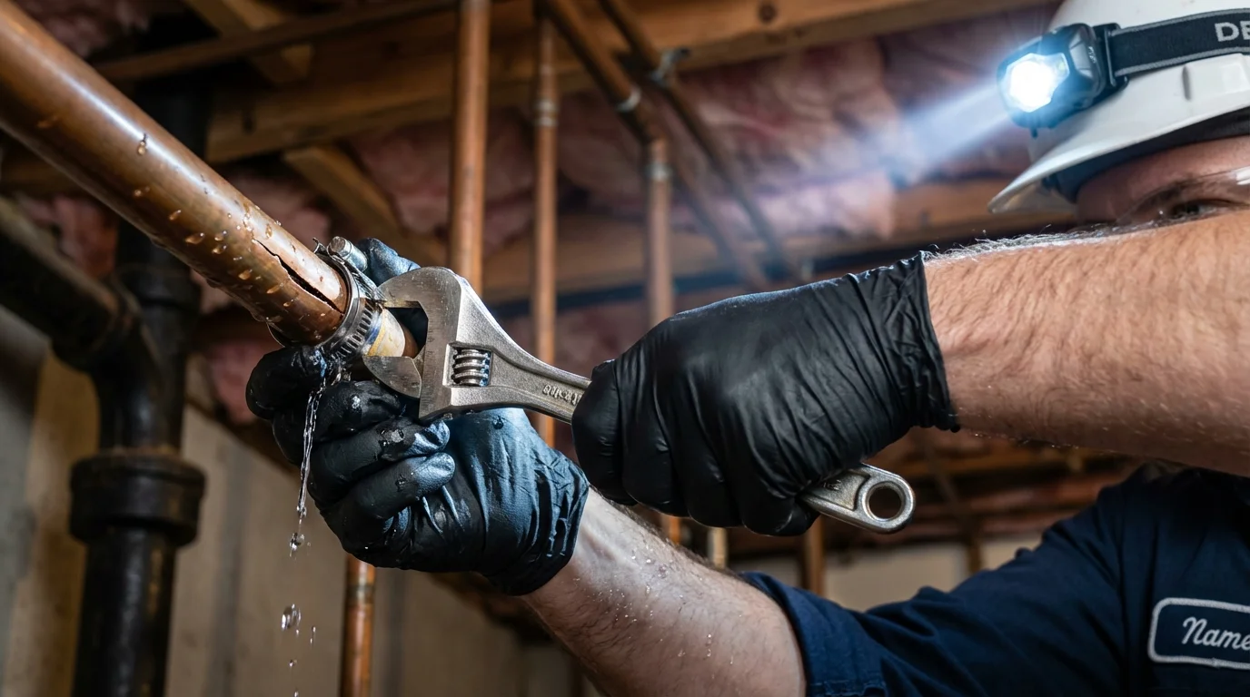 Emergency pipe clamp repair being performed by a Johns Plumbing LLC plumber in King Cove