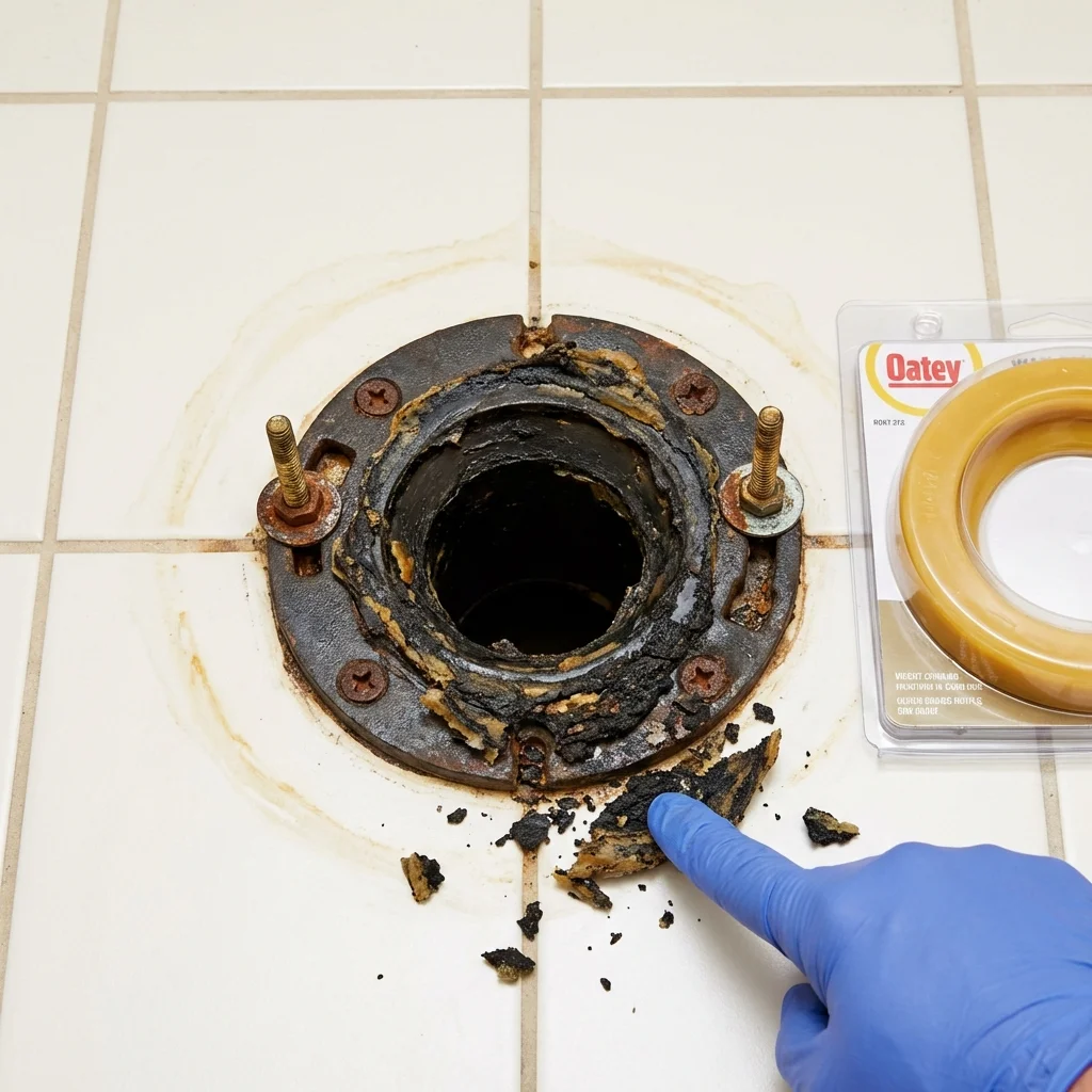 Failed wax ring showing water seepage at the base of a toilet in a King Cove, AK home