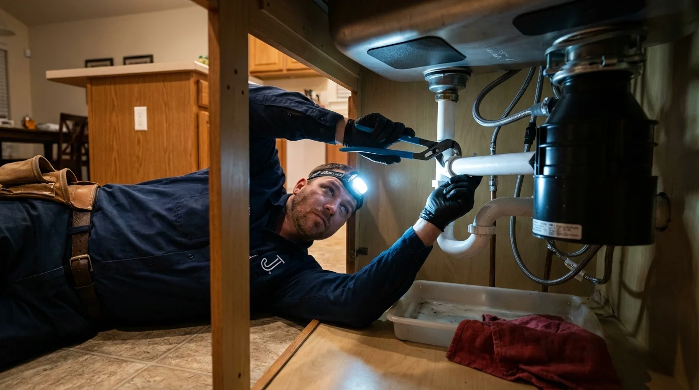 P-trap and supply line connections under a kitchen sink showing a common leak point in King Cove, AK